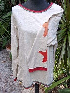 Boho Neutral Long Sleeve Top with Red & Orange Star Accents